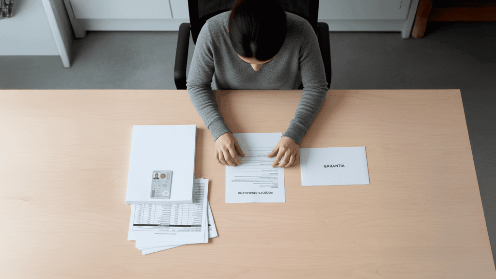 Pessoa sentada à secretária a organizar documentos em quatro grupos distintos, incluindo identificação, dados financeiros, proposta de pagamento e um envelope separado.