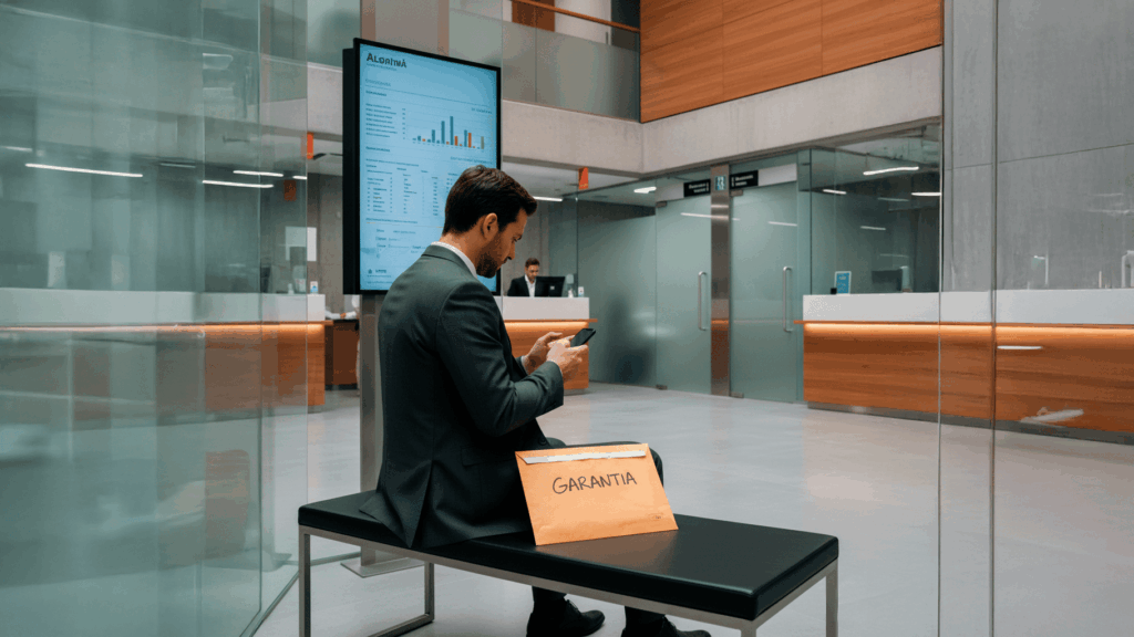 Pessoa sentada num átrio de banco moderno, junto a uma pasta identificada como garantia, com balcões de atendimento e ecrãs financeiros ao fundo.