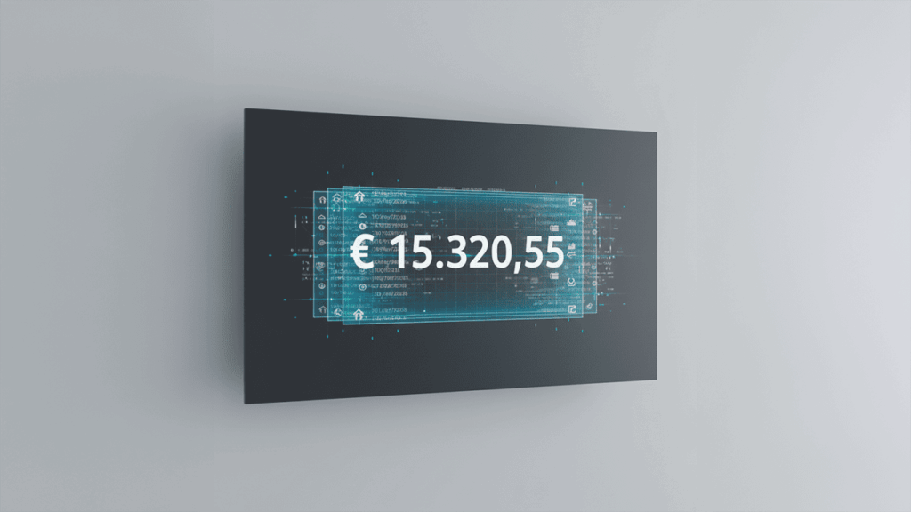 Visor digital com um valor numérico ao centro e várias camadas gráficas sobrepostas por trás.