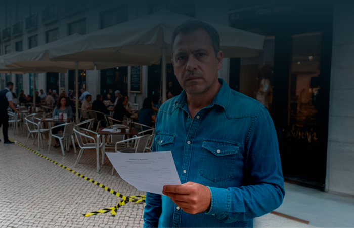 Proprietário de café em primeiro plano com expressão preocupada segurando um documento oficial, com uma esplanada movimentada e uma fita de aviso no chão ao fundo.