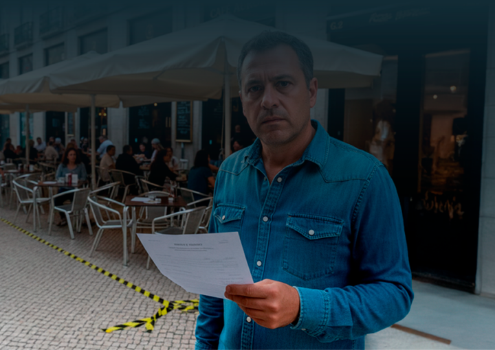 Proprietário de café em primeiro plano com expressão preocupada segurando um documento oficial, com uma esplanada movimentada e uma fita de aviso no chão ao fundo.