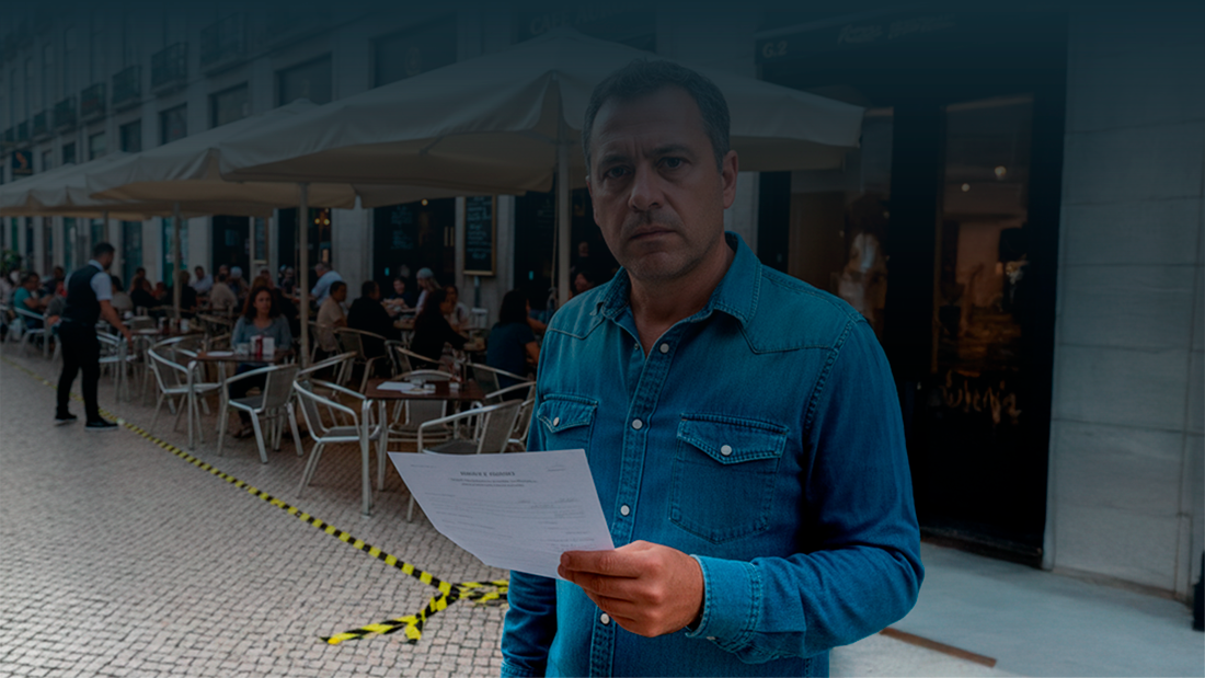 Proprietário de café em primeiro plano com expressão preocupada segurando um documento oficial, com uma esplanada movimentada e uma fita de aviso no chão ao fundo.