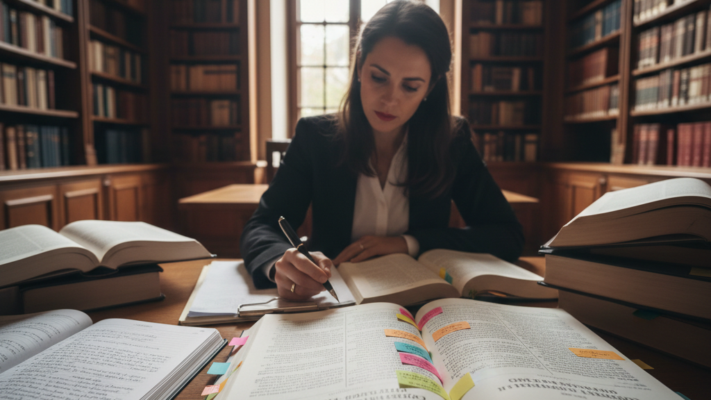 Advogada sentada numa biblioteca jurídica a consultar o Código de Procedimento e Processo Tributário aberto sobre a mesa, com outros códigos legais e um bloco de notas com referências.