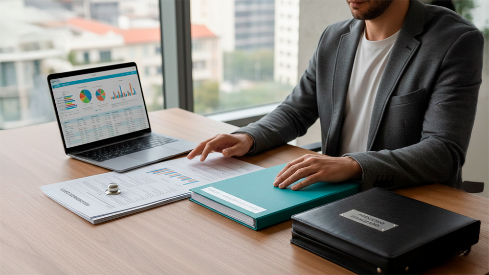 Pessoa sentada à mesa a analisar documentos fiscais organizados em sequência, incluindo ecrã digital, papéis e um dossiê fechado.