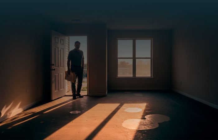 Homem adulto em pé à entrada de um apartamento vazio, segurando documentos, com luz natural a entrar pelas janelas e sinais de ausência de mobiliário no espaço.