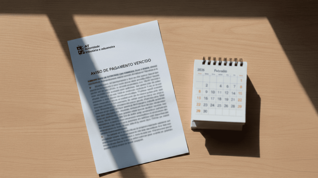 Secretária vista de cima com um aviso de pagamento vencido e um calendário aberto numa data passada, iluminados por luz lateral.