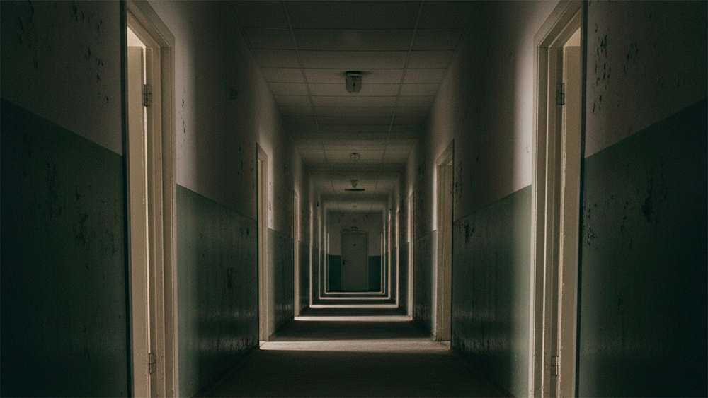 Corredor interior de prédio com várias portas fechadas alinhadas e iluminação fraca, criando sombras no chão.