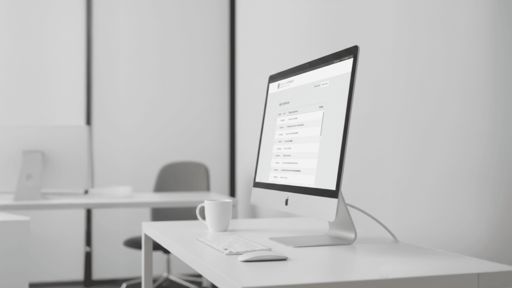 Ecrã de computador com interface institucional e listas organizadas em colunas, visto de lado, com parte da informação desfocada.