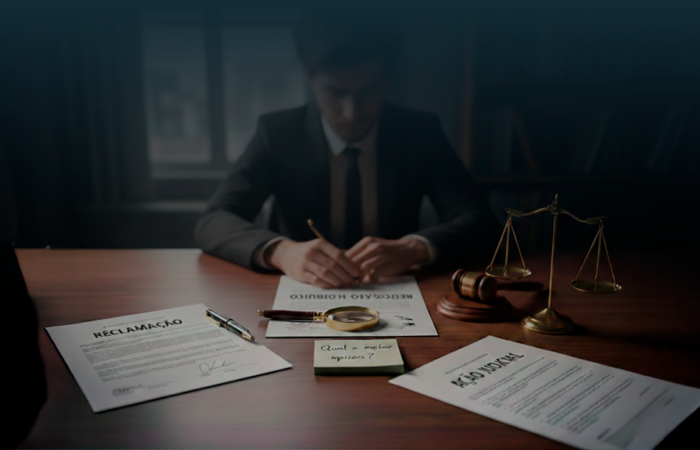 Ambiente jurídico com três documentos sobre a mesa: Reclamação, Recurso Hierárquico e Ação Judicial, com um advogado desfocado ao fundo em análise, representando as opções de contestação em concursos públicos.