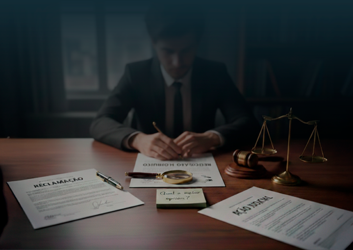 Ambiente jurídico com três documentos sobre a mesa: Reclamação, Recurso Hierárquico e Ação Judicial, com um advogado desfocado ao fundo em análise, representando as opções de contestação em concursos públicos.