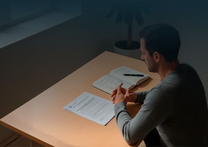 Pessoa sentada à mesa a analisar uma notificação oficial, com um caderno de anotações e uma caneta ao lado.