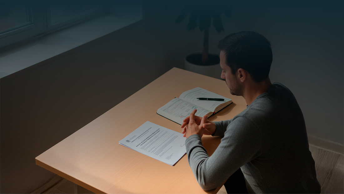 Pessoa sentada à mesa a analisar uma notificação oficial, com um caderno de anotações e uma caneta ao lado.