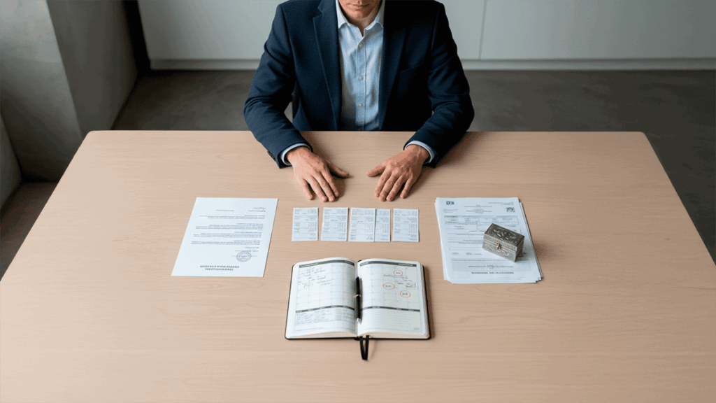 Pessoa sentada a uma mesa com três conjuntos distintos de documentos à frente, representando pagamento imediato, pagamento em prestações e negociação.