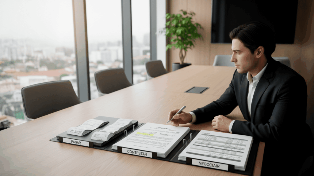 Pessoa sentada numa mesa de reuniões a analisar três pastas abertas com documentos de pagamento, peças processuais e plano prestacional.