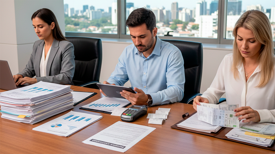 Três pessoas sentadas à mesa com documentos diferentes à frente, representando contextos empresarial e pessoal distintos.