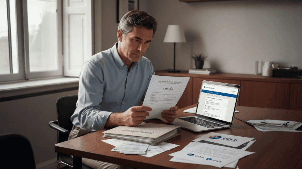 Empresário sentado num escritório a ler uma citação da Autoridade Tributária, com o Portal das Finanças aberto no computador e documentos financeiros e patrimoniais sobre a mesa.