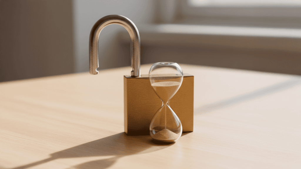 Cadeado aberto pousado sobre uma mesa e um relógio de areia com a areia ainda a cair lentamente.