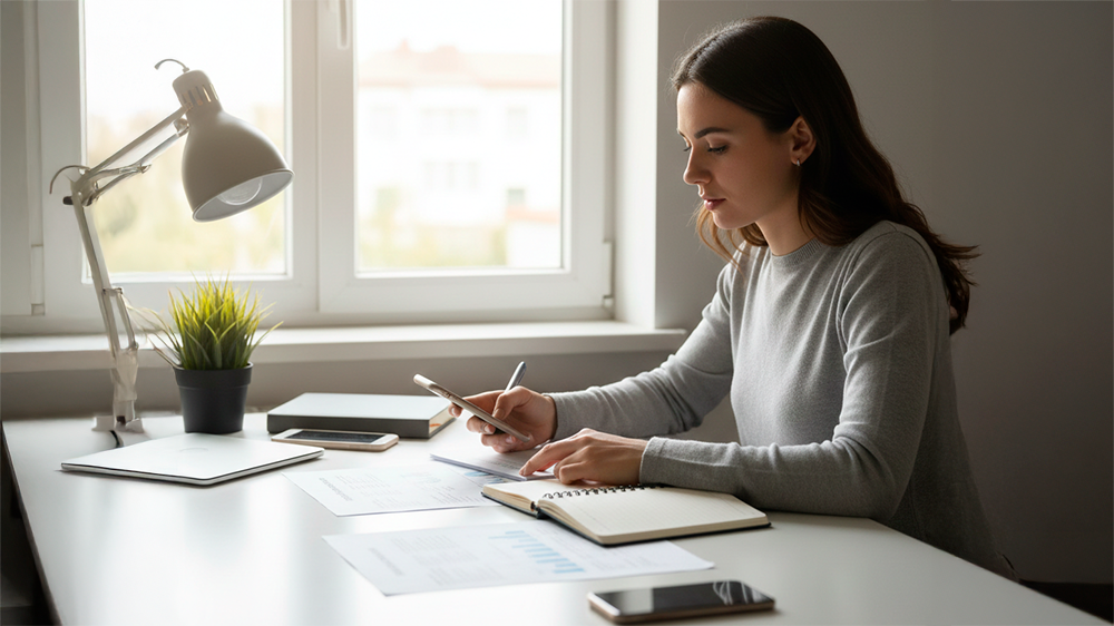 Mesa com caderno aberto, caneta, documentos organizados e um telemóvel com um e-mail pronto a ser enviado, junto a uma janela com luz natural.