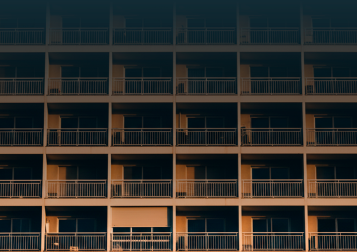 Fachada de prédio residencial vista de baixo, com várias varandas alinhadas e uma persiana parcialmente fechada, iluminada pela luz do final do dia.