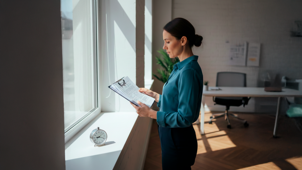 Pessoa em pé a ler documentos organizados, com um relógio visível junto a uma janela.