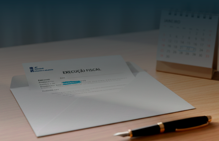 Envelope das Finanças aberto sobre uma secretária, com um documento de execução fiscal visível e um calendário de mesa ao lado.