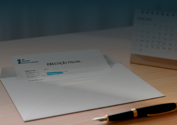 Envelope das Finanças aberto sobre uma secretária, com um documento de execução fiscal visível e um calendário de mesa ao lado.