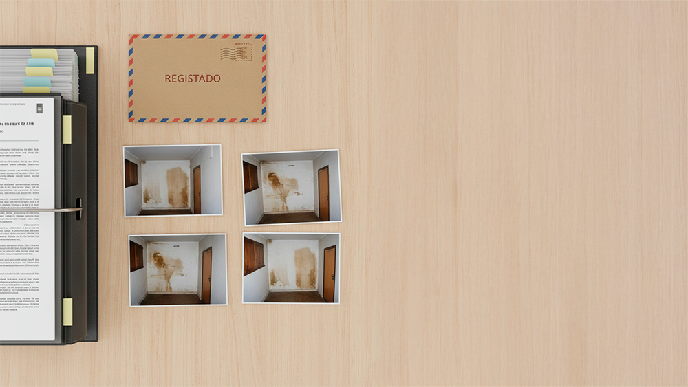 Pastas de arquivo abertas sobre uma mesa, com fotografias de danos, documentos impressos e um envelope de carta registada.