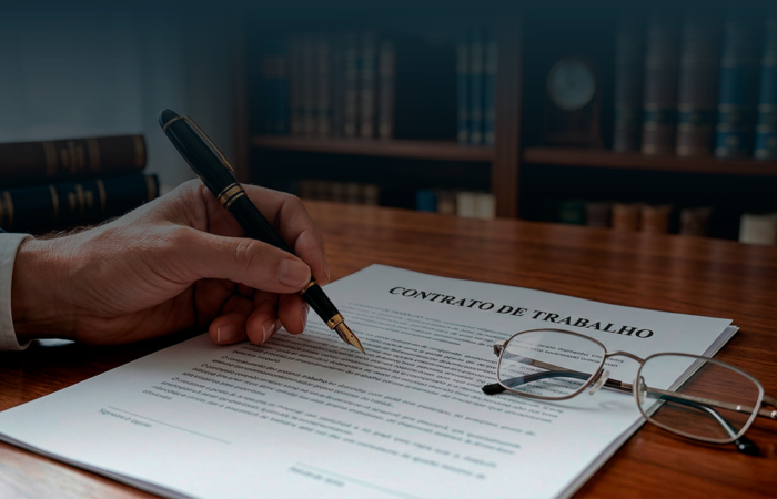 Advogado a rever cláusulas de um contrato de trabalho com uma caneta e óculos sobre a mesa.