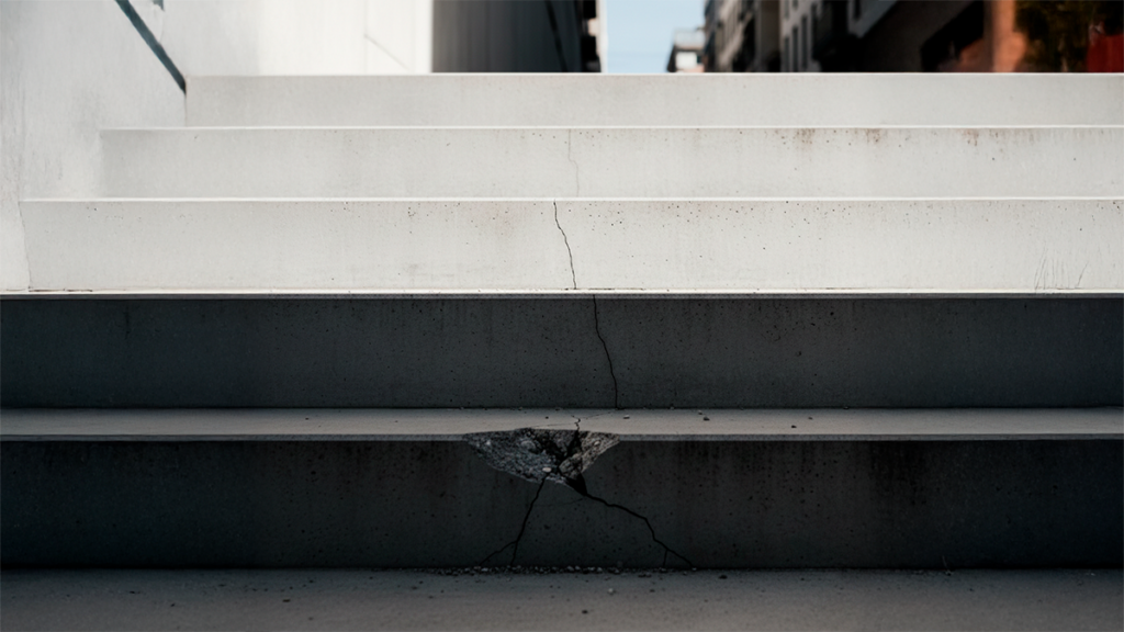 Parede de betão com três degraus largos, alinhados verticalmente, cada um com níveis diferentes de luz e desgaste visível.