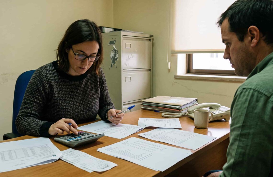Duas pessoas sentadas frente a frente numa secretária, a rever papéis e a fazer contas numa calculadora.