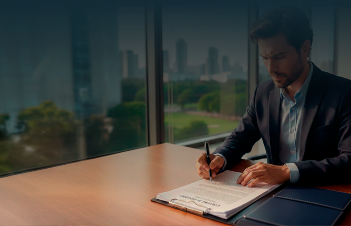 Homem com aspeto português, em traje executivo, a ler atentamente um contrato de trabalho inserido numa pasta de pele sobre uma secretária de escritório, com uma cidade ao fundo.