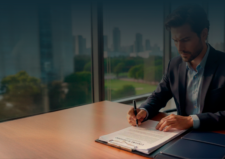 Homem com aspeto português, em traje executivo, a ler atentamente um contrato de trabalho inserido numa pasta de pele sobre uma secretária de escritório, com uma cidade ao fundo.