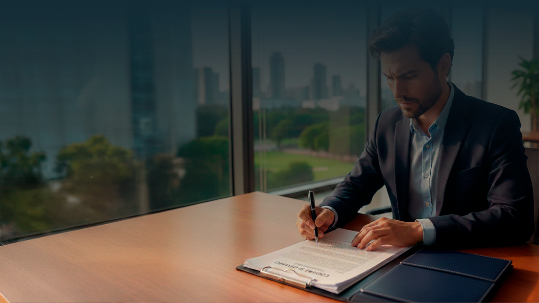 Homem com aspeto português, em traje executivo, a ler atentamente um contrato de trabalho inserido numa pasta de pele sobre uma secretária de escritório, com uma cidade ao fundo.