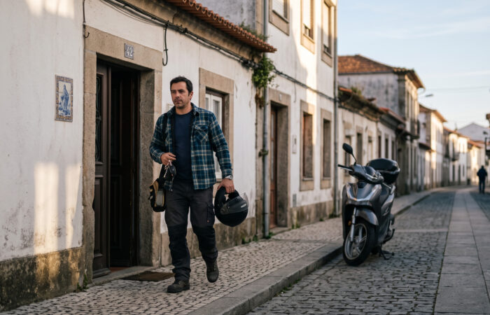 Trabalhador a sair de casa de manhã cedo com o capacete na mão, a caminho do emprego