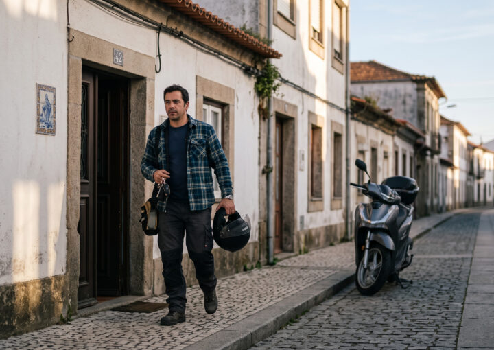 Trabalhador a sair de casa de manhã cedo com o capacete na mão, a caminho do emprego