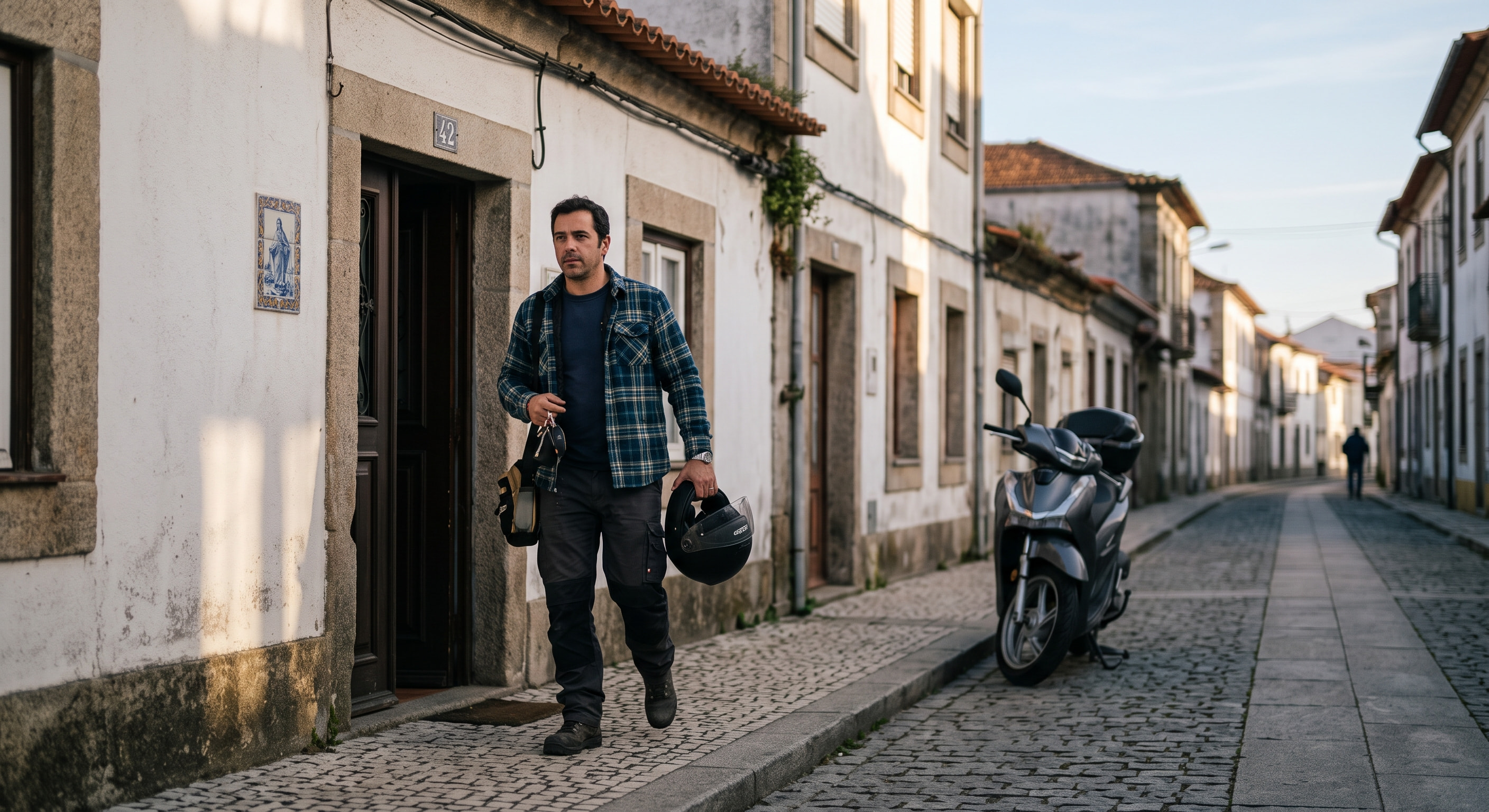 Trabalhador a sair de casa de manhã cedo com o capacete na mão, a caminho do emprego