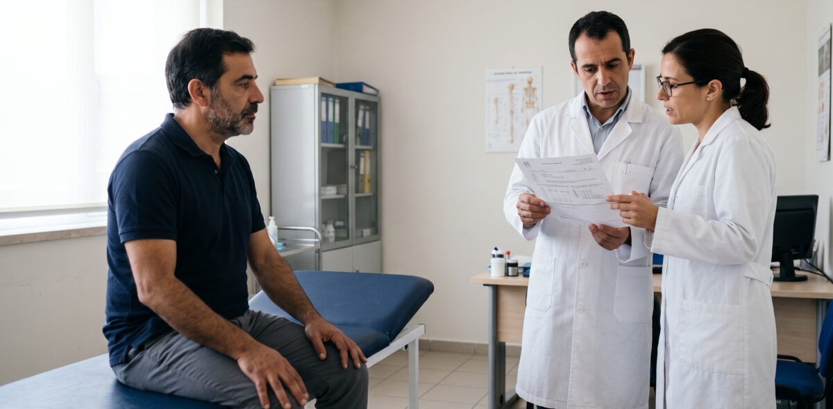 Doente sentado numa marquesa a ouvir dois médicos que analisam em conjunto um relatório clínico