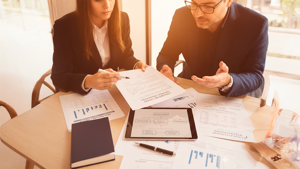 Advogado e cliente em reunião analisando documentos de um concurso público sobre uma mesa iluminada pela luz do pôr do sol, com um tablet exibindo um fluxograma de etapas jurídicas.