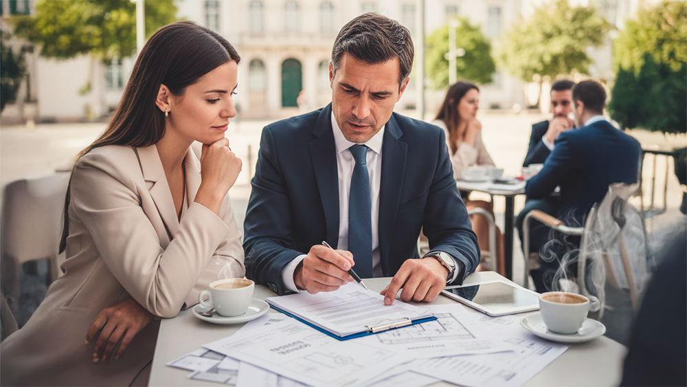 Advogado e cliente reunidos numa esplanada analisando documentos e plantas de arquitetura para processo de licenciamento municipal.