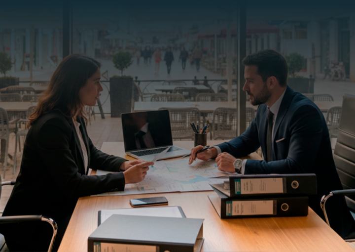 Advogados em reunião num escritório moderno com vista para uma rua de Lisboa com esplanadas e restaurantes, discutindo documentos de licenciamento público.
