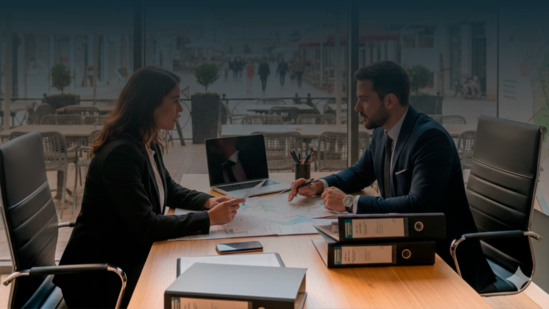 Advogados em reunião num escritório moderno com vista para uma rua de Lisboa com esplanadas e restaurantes, discutindo documentos de licenciamento público.