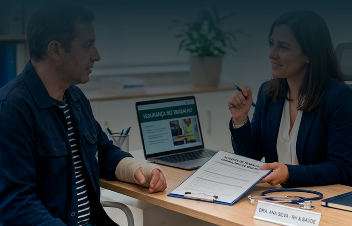 Trabalhador em processo de recuperação após acidente de trabalho, simbolizando o direito à baixa médica e ao apoio financeiro.