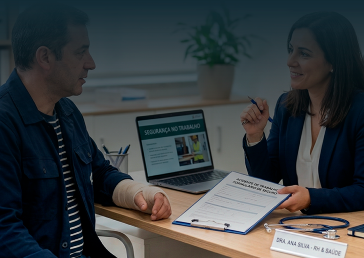 Trabalhador em processo de recuperação após acidente de trabalho, simbolizando o direito à baixa médica e ao apoio financeiro.