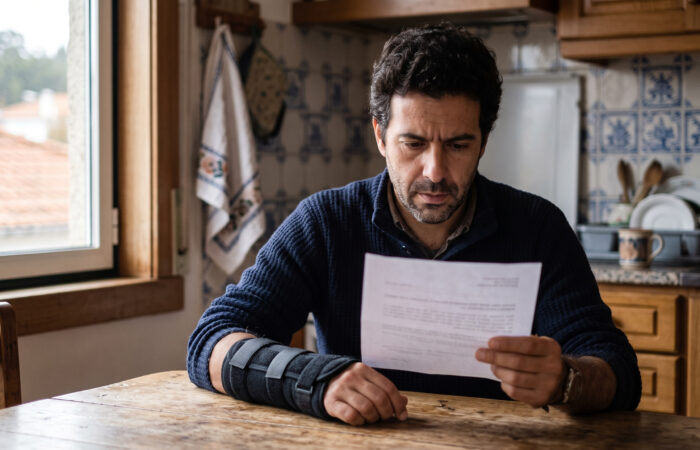 Trabalhador com o braço imobilizado a analisar em casa o comprovativo de pagamento da baixa por acidente de trabalho