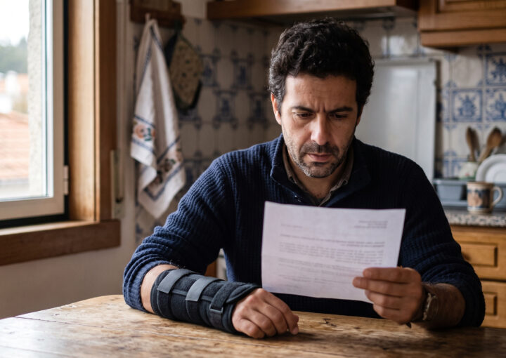 Trabalhador com o braço imobilizado a analisar em casa o comprovativo de pagamento da baixa por acidente de trabalho
