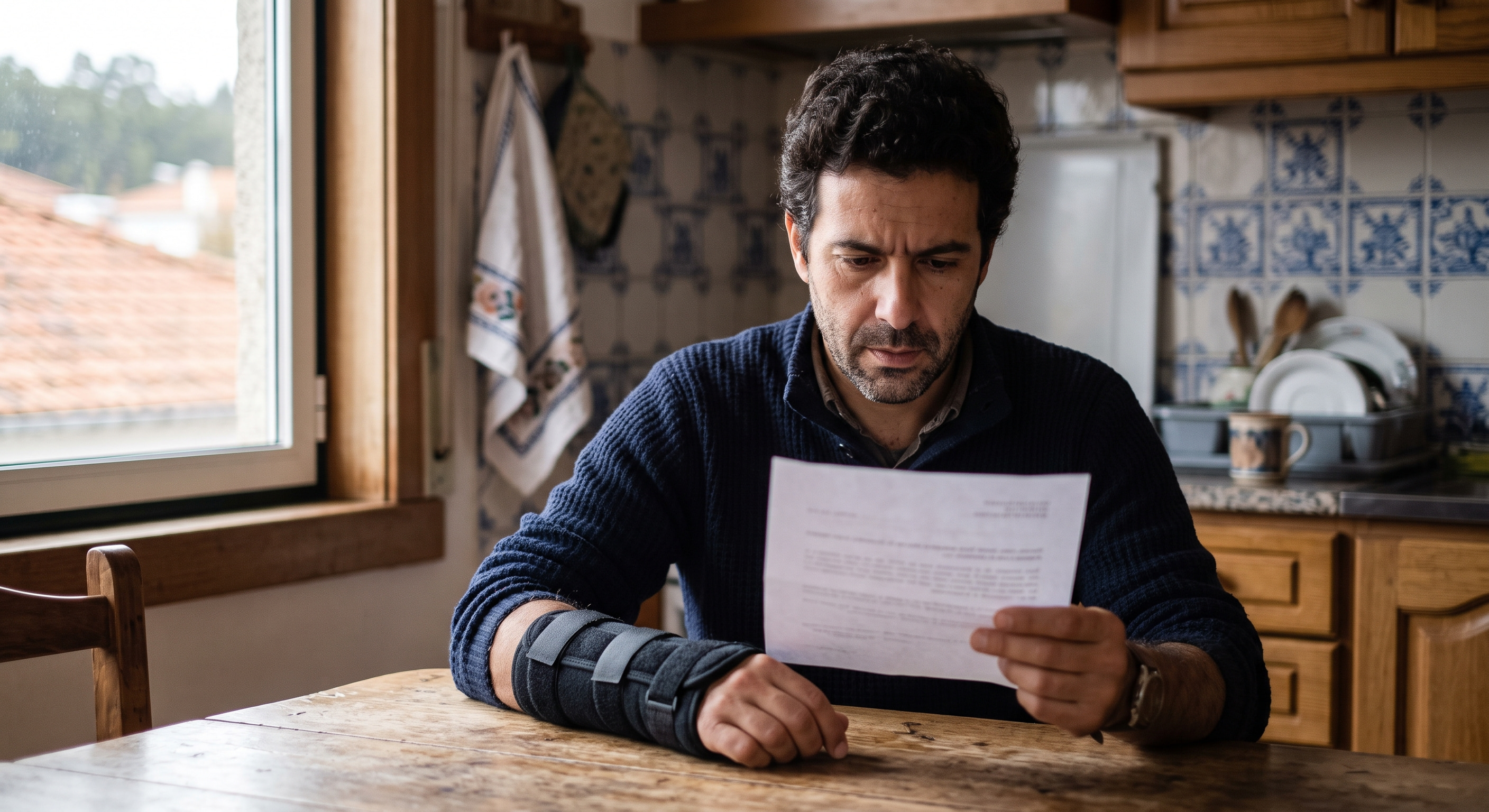 Trabalhador com o braço imobilizado a analisar em casa o comprovativo de pagamento da baixa por acidente de trabalho
