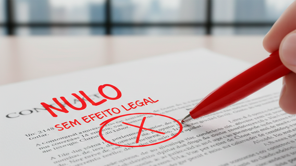 Close-up de um contrato de trabalho com uma caneta vermelha a circular um parágrafo, simbolizando uma cláusula nula ou ilegal.