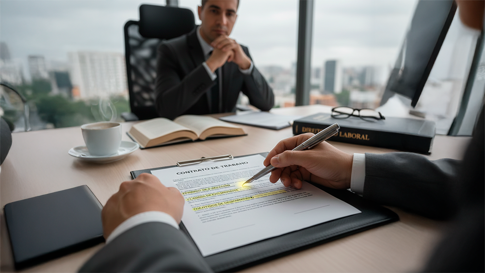 Primeiro plano das mãos de um profissional a apontar para uma cláusula específica num contrato de trabalho, utilizando uma caneta para destacar o texto, num ambiente de escritório luminoso.