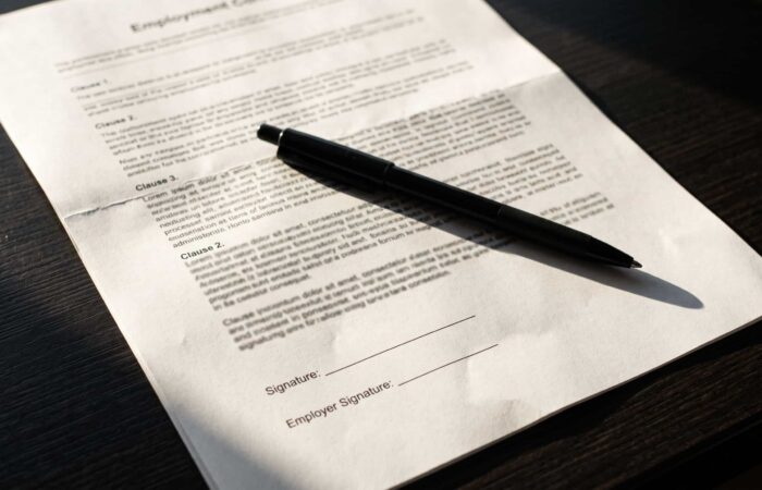 Última página de um contrato de trabalho com as cláusulas e as linhas de assinatura por preencher