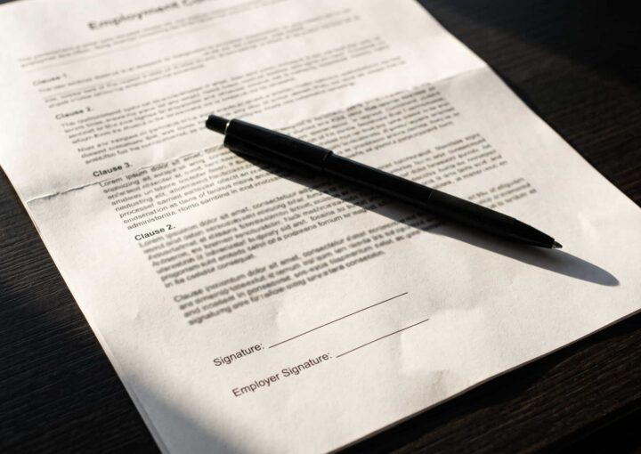 Última página de um contrato de trabalho com as cláusulas e as linhas de assinatura por preencher